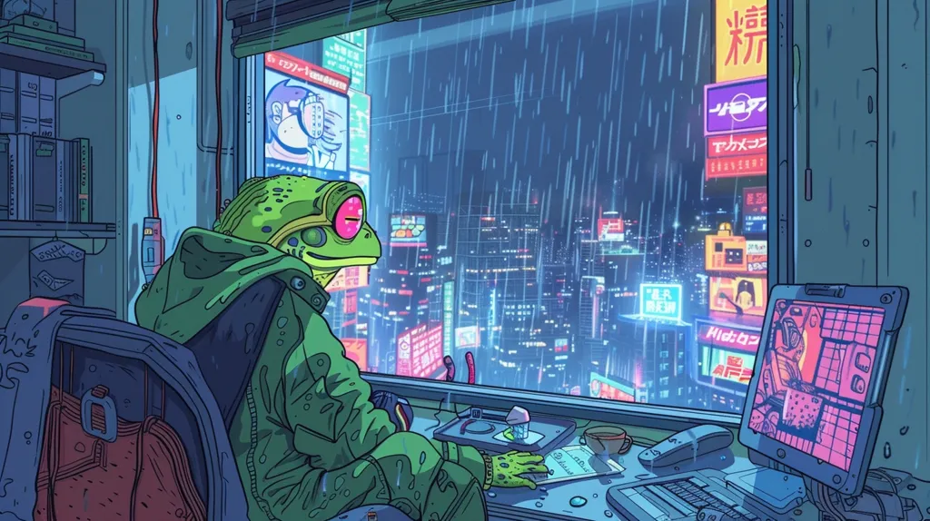 The image depicts a frog-like humanoid sitting by a window overlooking a rainy cityscape. The scene is drawn in a vibrant, stylized anime aesthetic. Neon signs and advertisements adorn the buildings in the background, creating a futuristic feel. The frog-like figure wears a green jacket and looks out at the rain, creating a sense of solitude and reflection. The image evokes a mood of contemplation and urban alienation.