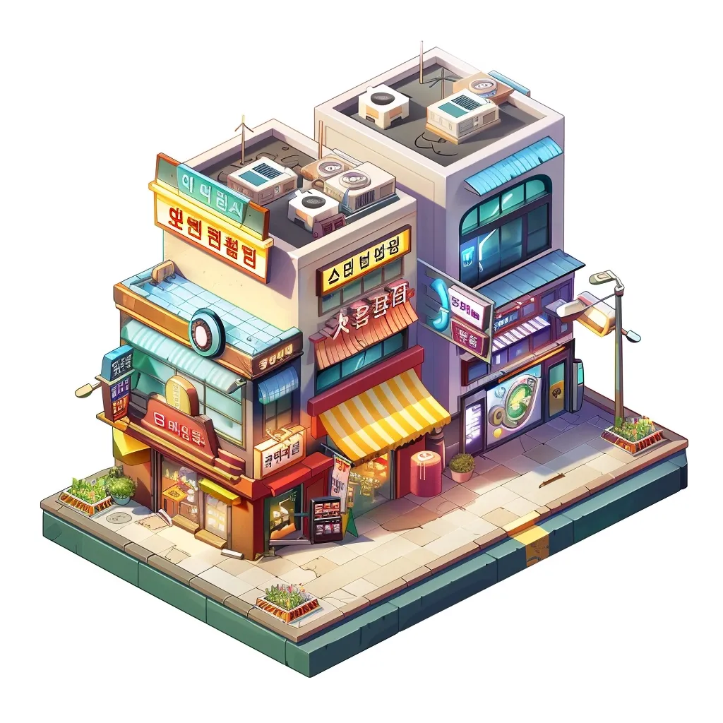 A colorful, cartoon-style street scene with three buildings, each with a storefront. The shops are decorated with signs in Korean and feature bright awnings. The scene is set on a sidewalk with a lamppost and two flower boxes. The buildings are painted in shades of red, yellow, and blue, giving the scene a vibrant feel.