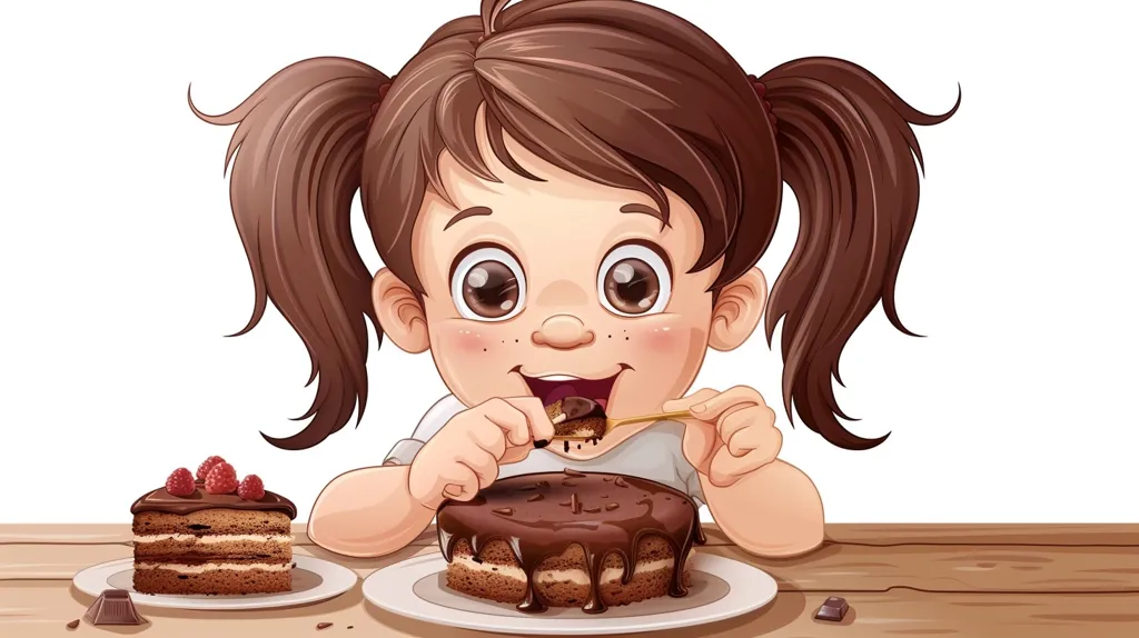 A young girl with brown hair in pigtails sits at a wooden table, eagerly eating a chocolate cake with a fork. Her eyes are wide with delight, and her mouth is open as she savors the sweet treat. A second piece of chocolate cake with raspberries sits on a plate next to her.  The scene is full of joy and happiness.