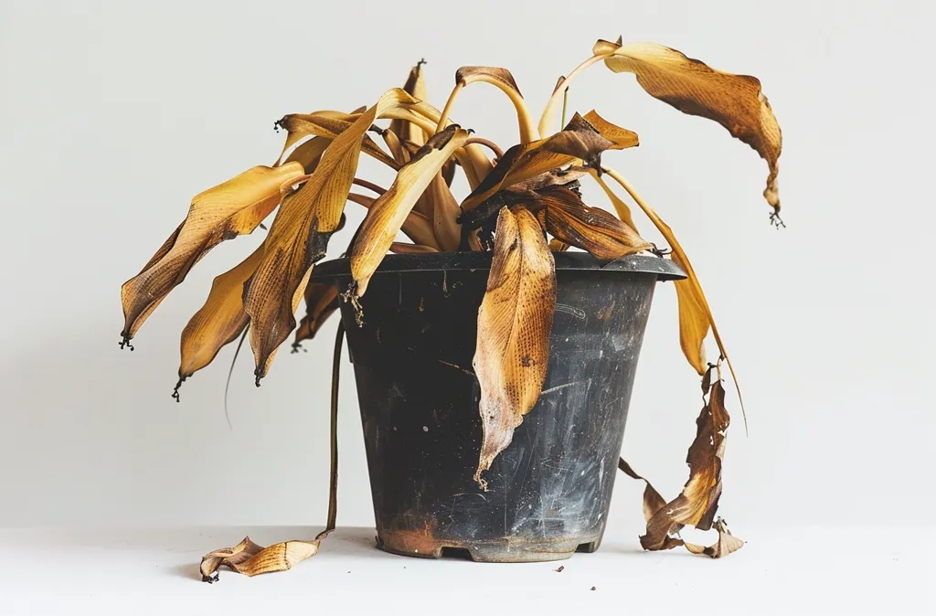 A wilted, dried plant sits in a black plastic pot. Its once vibrant green leaves have turned brown and brittle, drooping over the edges of the pot. The plant is a symbol of neglect or death, its dried leaves stark against the white background.  The pot is faded and worn, reflecting the plant's state of decay.