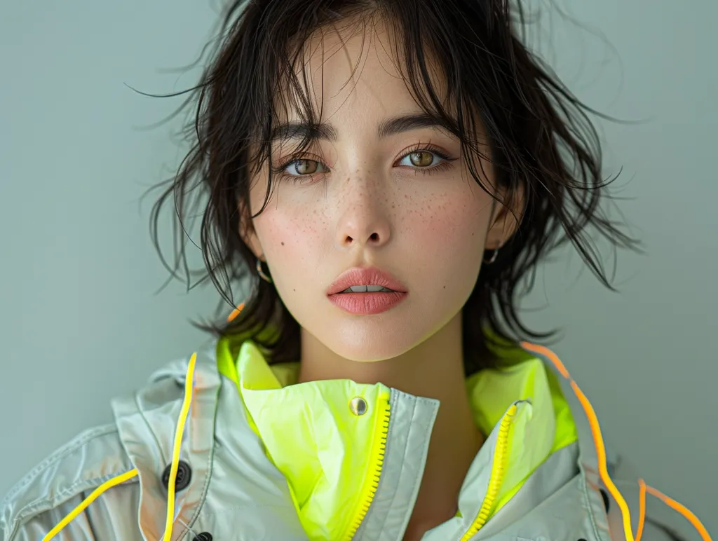 A young woman with short, dark hair looks directly at the camera. She has light skin with freckles and is wearing a grey jacket with a bright yellow inner lining. Her hair is slightly wet and tousled, adding a touch of casualness to the image. Her expression is serious and intense, drawing the viewer's attention. The background is a simple light blue, highlighting the subject and their striking features.