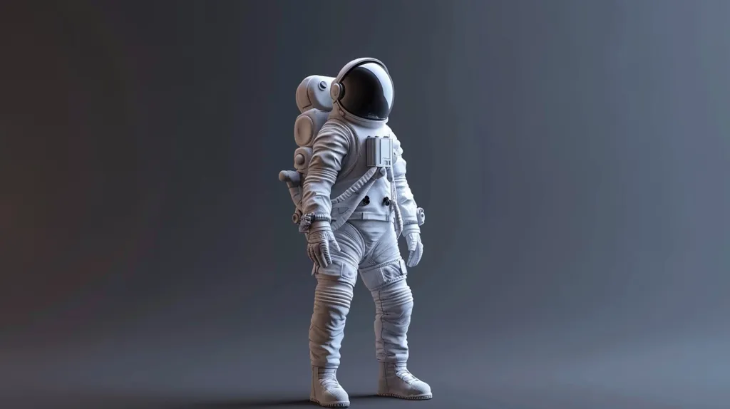 A white, stylized astronaut stands against a gray background. The astronaut has a backpack and is wearing a helmet. The astronaut is posed as if taking a step forward. The lighting is soft and creates a shadow behind the astronaut.  The image is a 3D rendering.