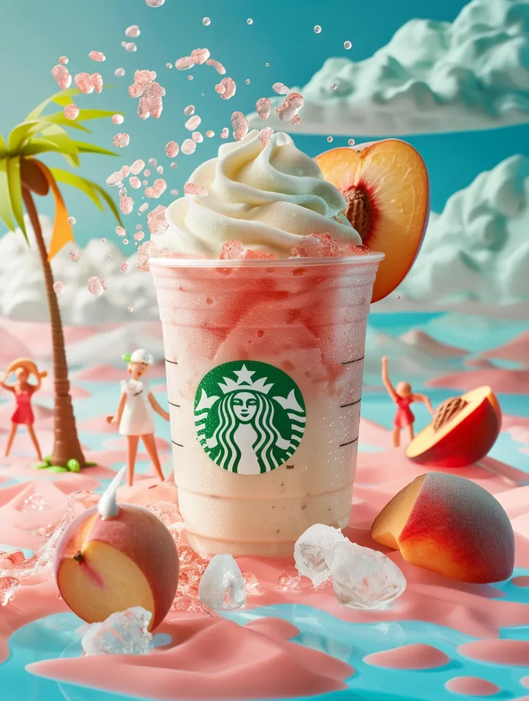 A Starbucks Peach Frappuccino sits on a pink and blue surface with ice and peach slices. It is topped with whipped cream and a peach slice. Tiny figurines of people and a palm tree are scattered around the drink. Bubbles and drops of water surround the drink, suggesting a refreshing summer beverage.  The background features a blue sky with white fluffy clouds.