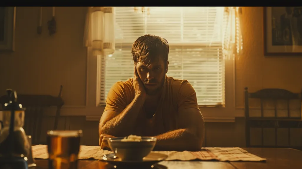 A man sits at a kitchen table, his chin resting on his hand. He wears a yellow t-shirt and looks forlorn. The table is set with a bowl, a glass of beer, and a placemat. A window with blinds fills the background.  The overall mood is somber.  The image captures a moment of quiet contemplation.