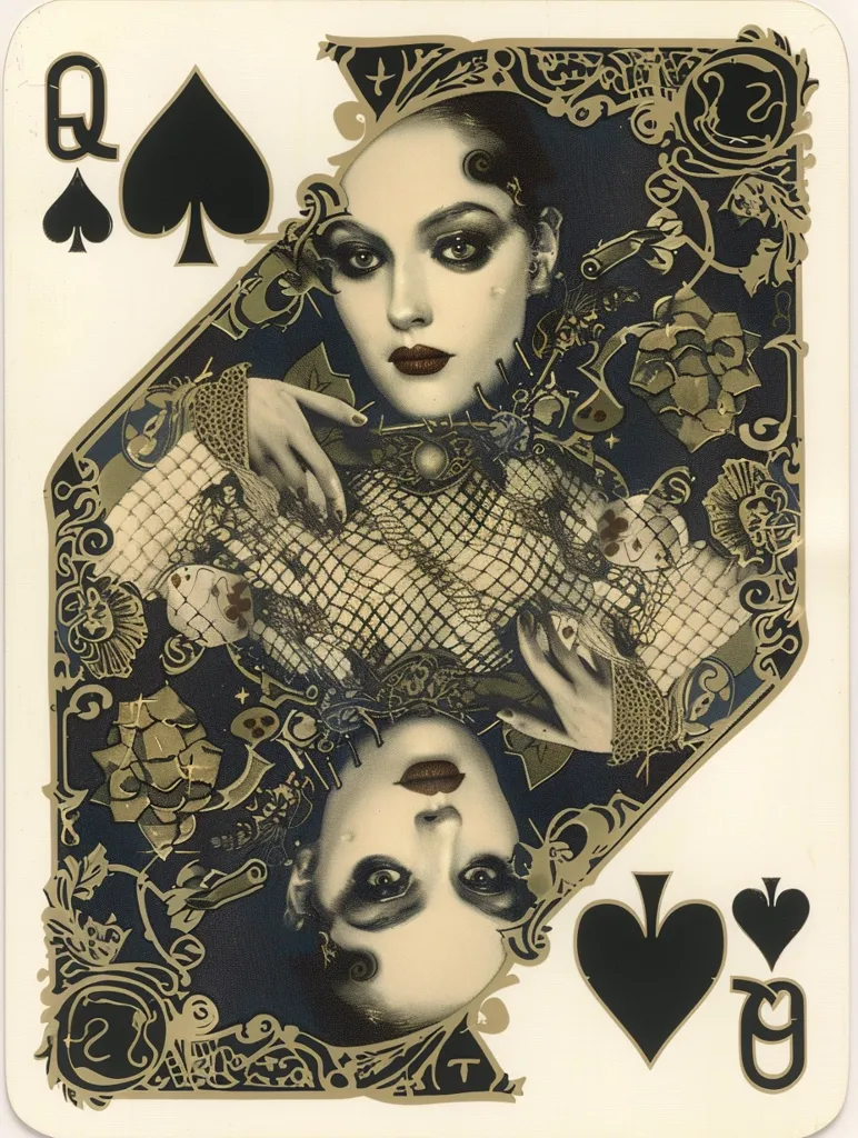 The Queen of Spades playing card features a glamorous woman with dark makeup and a black dress. The card's design is ornate, with intricate gold and black details.  The woman's face is the focal point, with her eyes looking directly at the viewer. The image evokes a sense of mystery and elegance.