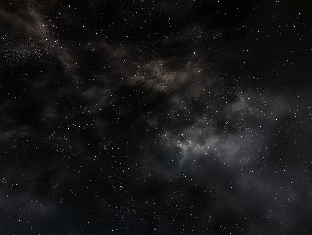 The image shows a vast expanse of dark space speckled with countless stars. Wispy clouds of gas and dust drift through the void, creating a sense of depth and mystery. The faint glow of distant galaxies adds a touch of ethereal beauty to the scene. The image evokes a sense of awe and wonder at the vastness of the universe.