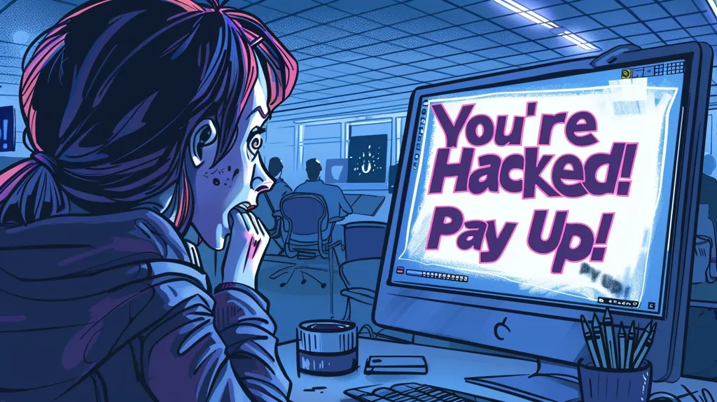 A young woman sits at a computer, her mouth agape in horror as she reads a message on the screen. The message reads "You're Hacked! Pay Up!" in bold, pink letters. The woman's face is drawn with fear and panic, and her body language conveys a sense of helplessness. In the background, two other figures work at their desks, oblivious to the woman's distress. The image captures the chilling reality of cybercrime and the vulnerability of individuals in the digital age.