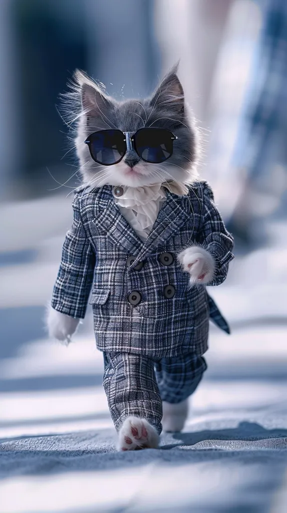 A cat wearing a plaid suit and sunglasses walks confidently towards the camera. The cat has a white collar and a serious expression on its face. The background is blurred, focusing attention on the cat.  The image is playful and humorous, depicting a cat in a human-like situation.