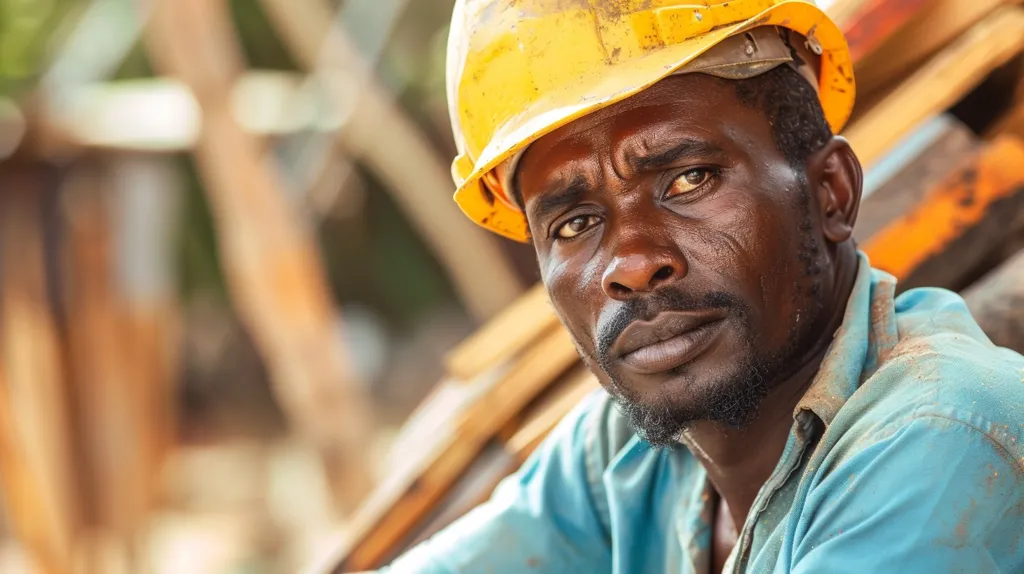 A close-up portrait of a construction worker. He is wearing a yellow hard hat and a light blue shirt, and is looking directly at the camera. The man has a serious expression on his face. The background is out of focus, but appears to be a construction site with wooden planks and other materials. The image focuses on the man's face, conveying a sense of hard work and determination.