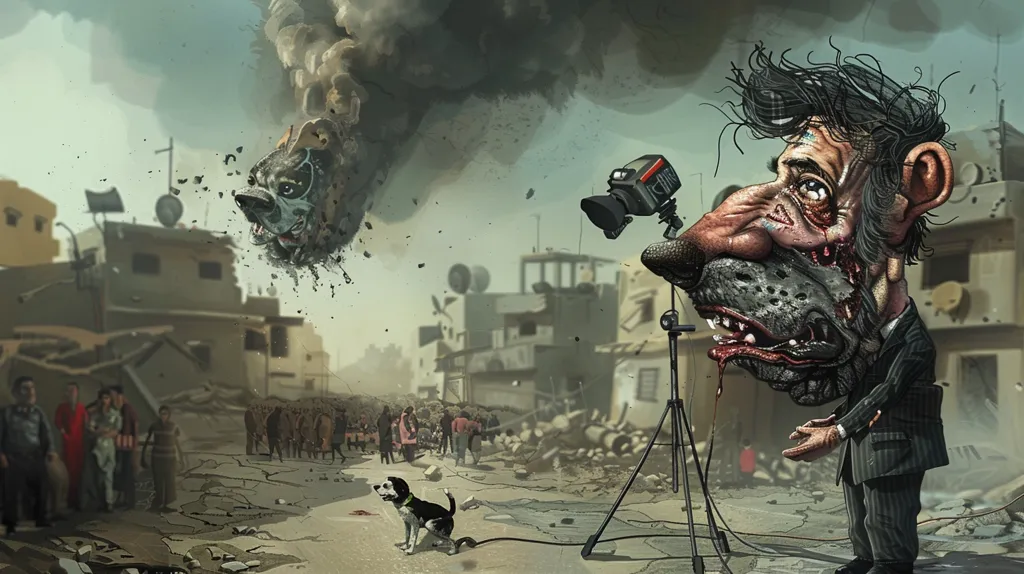 A satirical cartoon depicts a journalist, his face partially transformed into a dog's, reporting from a war-torn city. He holds a microphone and a camera, pointing towards a dog's head emerging from smoke and debris.  A small dog, possibly a puppy, sits on the ground, looking on. The scene is a commentary on the media's often insensitive approach to reporting on war and conflict.