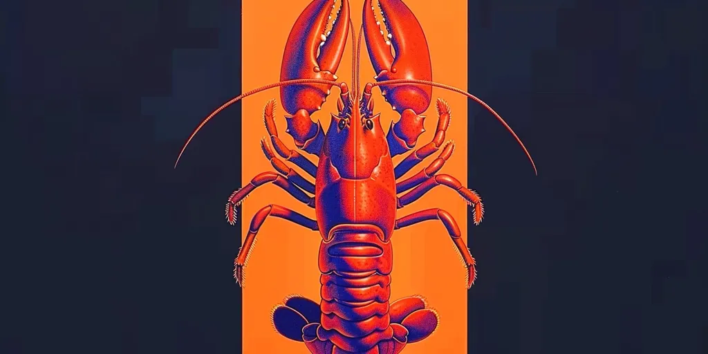 The image shows a large, red lobster with its claws outstretched, its body positioned vertically against an orange background. Its antennae are curved upwards and its legs are visible. The lobster appears to be cooked and ready to be served, with a distinct blue hue in its shell highlighting its bright red color. The background is dark blue, creating a strong contrast with the vibrant lobster.  The image is a close-up, capturing the intricate details of the lobster's shell and body.  The overall impression is one of color, detail, and a sense of culinary anticipation.