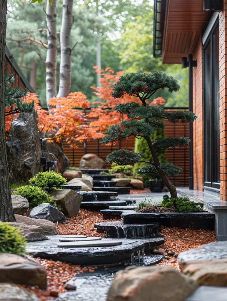 A serene Japanese garden featuring a cascading water feature, stepping stones, and a lush green pine tree. The background features a brick wall, a modern home, and a backdrop of vibrant autumn foliage. The overall scene evokes tranquility and natural beauty.