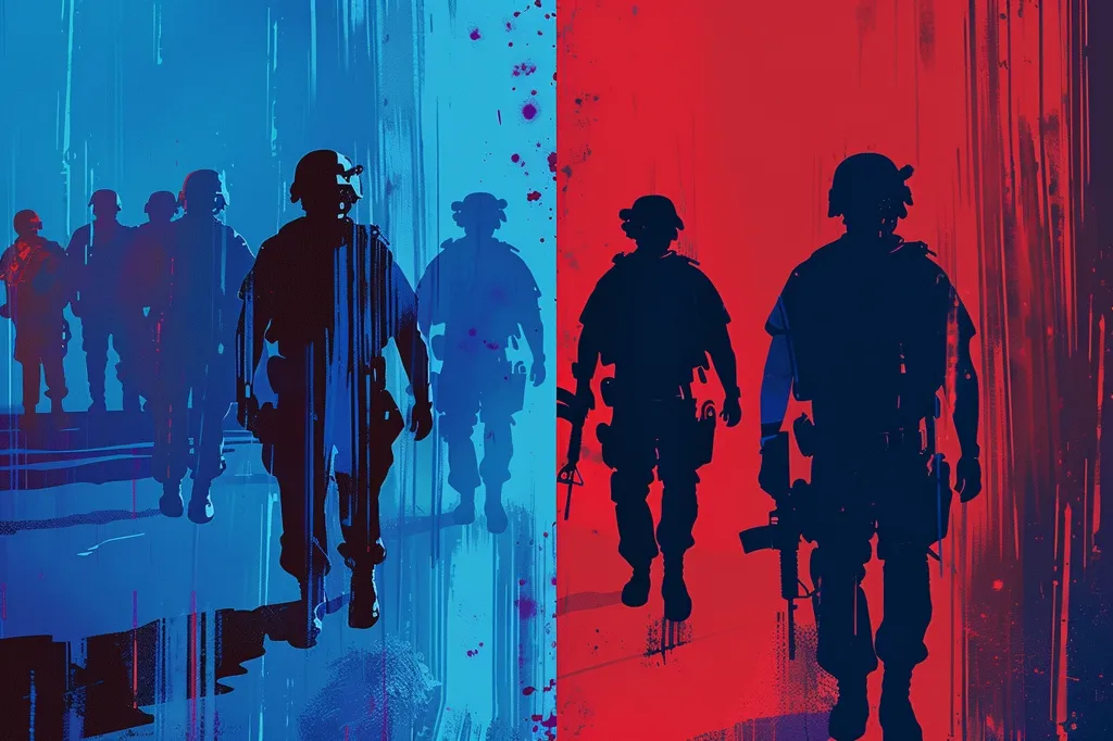 The image depicts a stark divide between two groups of silhouetted figures. On the left, a group of six figures walk in a blue, abstract background. On the right, three figures walk in a red, abstract background. The figures are all dressed in tactical gear and are carrying rifles, creating a powerful visual representation of a possible conflict or opposition. The contrasting colors and the use of silhouettes add to the starkness of the image.