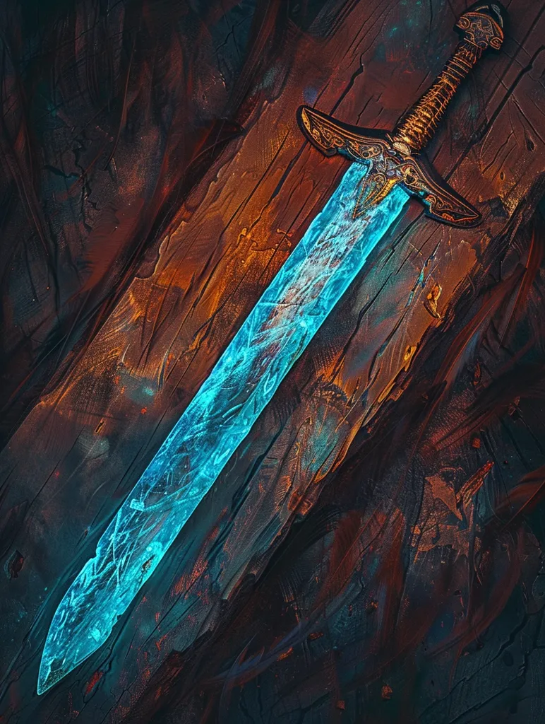 A glowing blue sword lies on a dark wooden surface. The sword has a detailed hilt with intricate designs. The blue glow emanates from the blade, creating a mystical and otherworldly effect. The background is dark and textured, emphasizing the sword's vibrant color. The image evokes a sense of power and magic, hinting at a story waiting to be told.