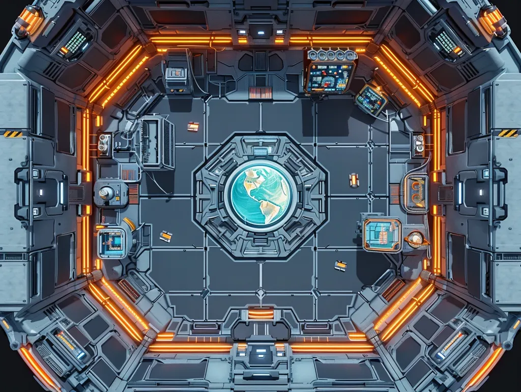 The image shows a futuristic, metallic, octagonal room with glowing orange lights and a central viewing window. The window features a detailed, swirling blue globe, potentially representing Earth. The room is filled with intricate details and technical equipment, suggesting a high-tech, space-related setting. The overall aesthetic is sleek and modern, with a focus on technology and exploration.