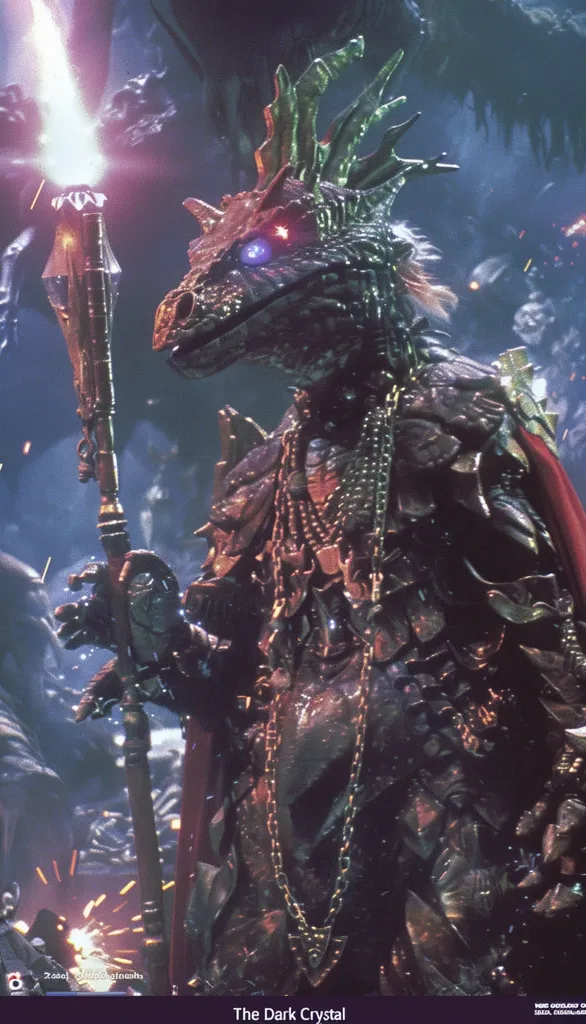 The image shows a dark, fantastical creature from the film "The Dark Crystal." It is a humanoid dragon with a long, pointed snout, glowing red eyes, and spiky, green horns.  The creature is adorned in gold and dark, armor-like clothing, and it holds a staff with a crystal orb at the top. The background is dark and shadowy, filled with swirling dust and sparks.  The creature's expression is intense and menacing.