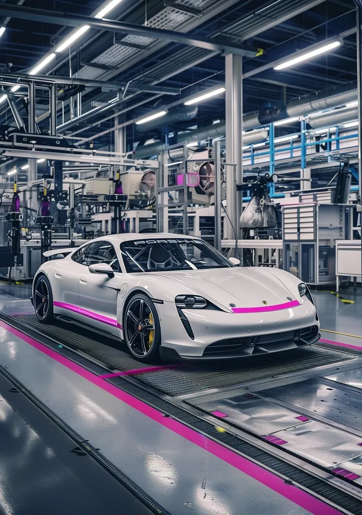 A white Porsche Taycan is being assembled in a factory. The car is on a conveyor belt and is being moved through a series of stations. The factory is well-lit with fluorescent lights and has a clean, modern look. The car is surrounded by machinery and other automotive parts.  There is a pink line along the floor.