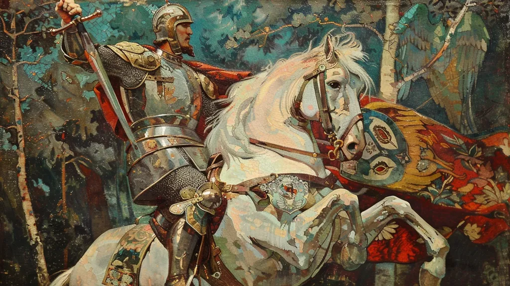 A knight in shining armor, clad in chainmail and a helmet, rides a white horse through a forest. He brandishes a sword in his right hand, a red cloak billowing behind him. The horse's head is turned towards the viewer, its mane flowing in the wind. A rich, tapestry-like cloak with intricate designs covers the horse's back. The scene is rendered in a painterly style with vibrant colors and textures.