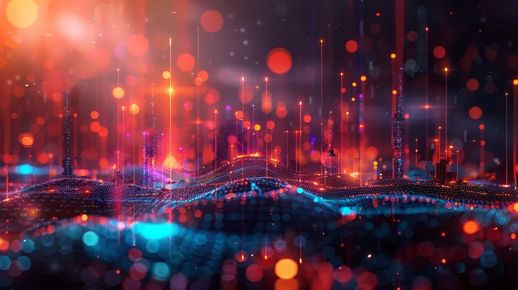 The image depicts a futuristic cityscape bathed in warm red and orange light. The city is composed of towering structures, interconnected by glowing lines, and surrounded by a vibrant, pixelated landscape. The background features a hazy atmosphere, with scattered lights creating a sense of depth and movement. The overall impression is one of technological advancement and a vibrant, dynamic urban environment.