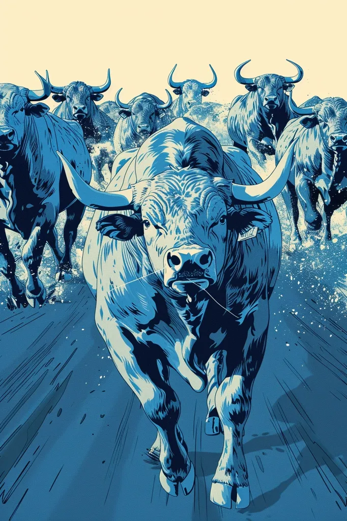 A herd of blue bulls charges forward in a dramatic, almost abstract illustration. The lead bull is in sharp focus, its horns and muscular body dominating the foreground. The other bulls blur into the background, suggesting a rapid, powerful movement. The background is a wash of blue and white, creating a sense of speed and motion. The graphic lines and bold colours enhance the energy of the scene, making it a striking piece of art.