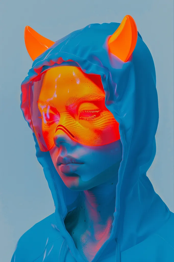 A person wearing a blue hoodie with a bright orange devil horns and a pair of neon orange futuristic glasses. The light is illuminating the face and the hoodie with a warm orange glow, creating a striking contrast against the cool blue. The person's eyes are closed and their lips are slightly parted.