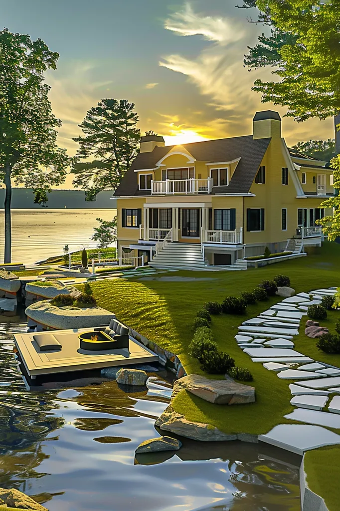A large, yellow house with a wrap-around porch sits on a waterfront property. The home has a classic design with multiple windows and a gabled roof. The property is lush and green with a stone pathway leading to the house. There is a wooden patio with a fire pit, overlooking a calm pond with a view of the water. The sky is a clear blue with fluffy white clouds and the sun is setting, creating a golden glow.