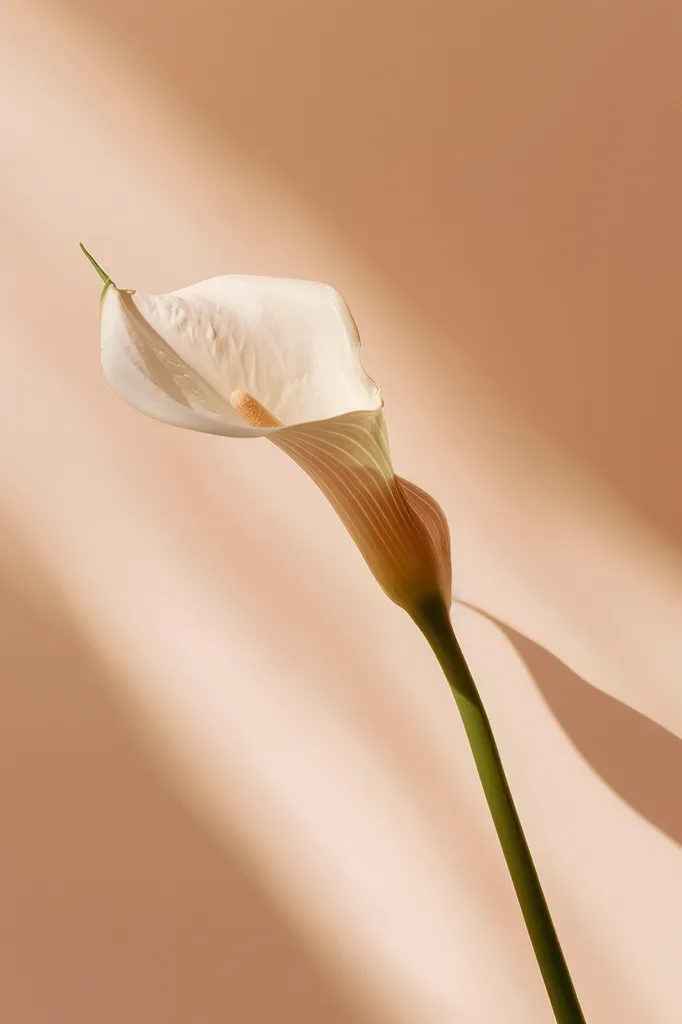 A single white calla lily flower with a long green stem stands against a soft, peach-colored background. The flower is in focus, while the background is slightly blurred, creating a sense of depth. Sunlight casts a gentle shadow from the flower, adding to the minimalist aesthetic of the image.