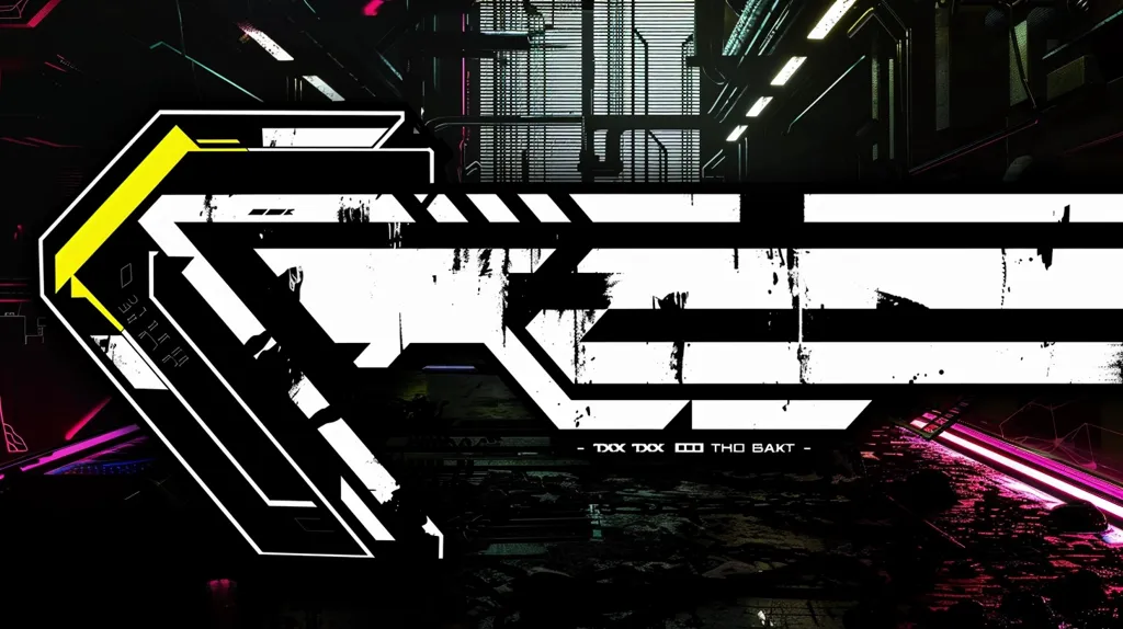The image features a stylized graphic of a letter "V" in black and white, with a yellow accent on the upper portion. The graphic is set against a dark background with a suggestion of a futuristic, cyberpunk cityscape behind it.  Text reads "TOX TOX 000 THO BAKT."  The overall design is edgy and suggestive of electronic music or video game imagery.  The image is visually striking and evocative of a dystopian future aesthetic.
