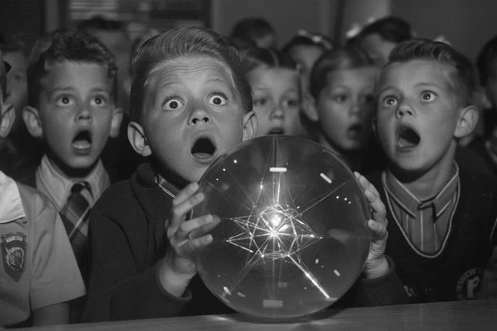 A group of children, including a boy holding a large crystal ball, look on in awe. Their mouths are agape, and their eyes are wide with wonder, suggesting they are witnessing something extraordinary. The black and white photograph captures a moment of innocent curiosity and fascination. The scene is likely set in a classroom or a science museum, where the children are learning about the world around them.