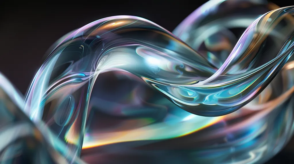 The image shows a close-up of a smooth, iridescent surface that is shaped into flowing, wavy curves. The surface reflects light, creating vibrant shades of blue, purple, and green. The dark background emphasizes the shine and depth of the surface. It resembles a liquid or a piece of abstract art.  The image is visually engaging and abstract.