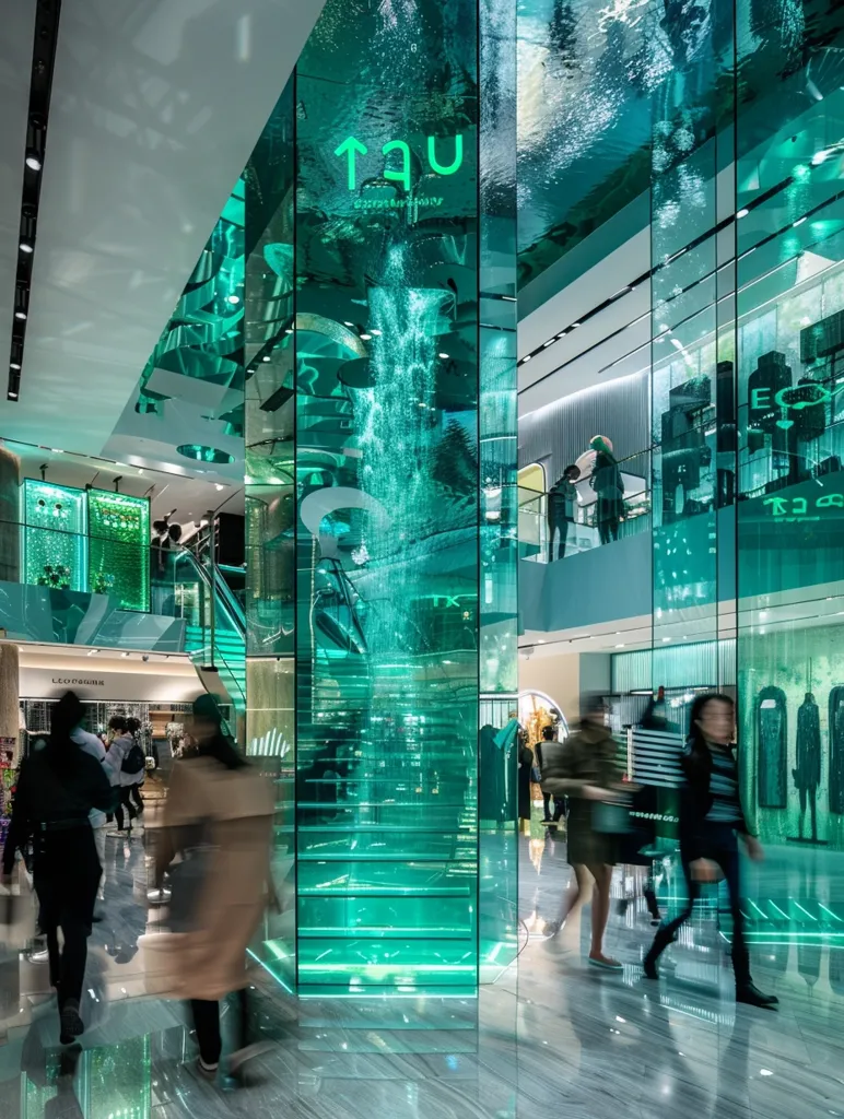 A modern shopping mall with a large, transparent glass structure in the center. The glass structure appears to be filled with water and has an illuminated green hue. People walk through the mall, blurred in motion, suggesting activity and movement. The sleek design and the glowing green light create a visually striking and futuristic atmosphere.