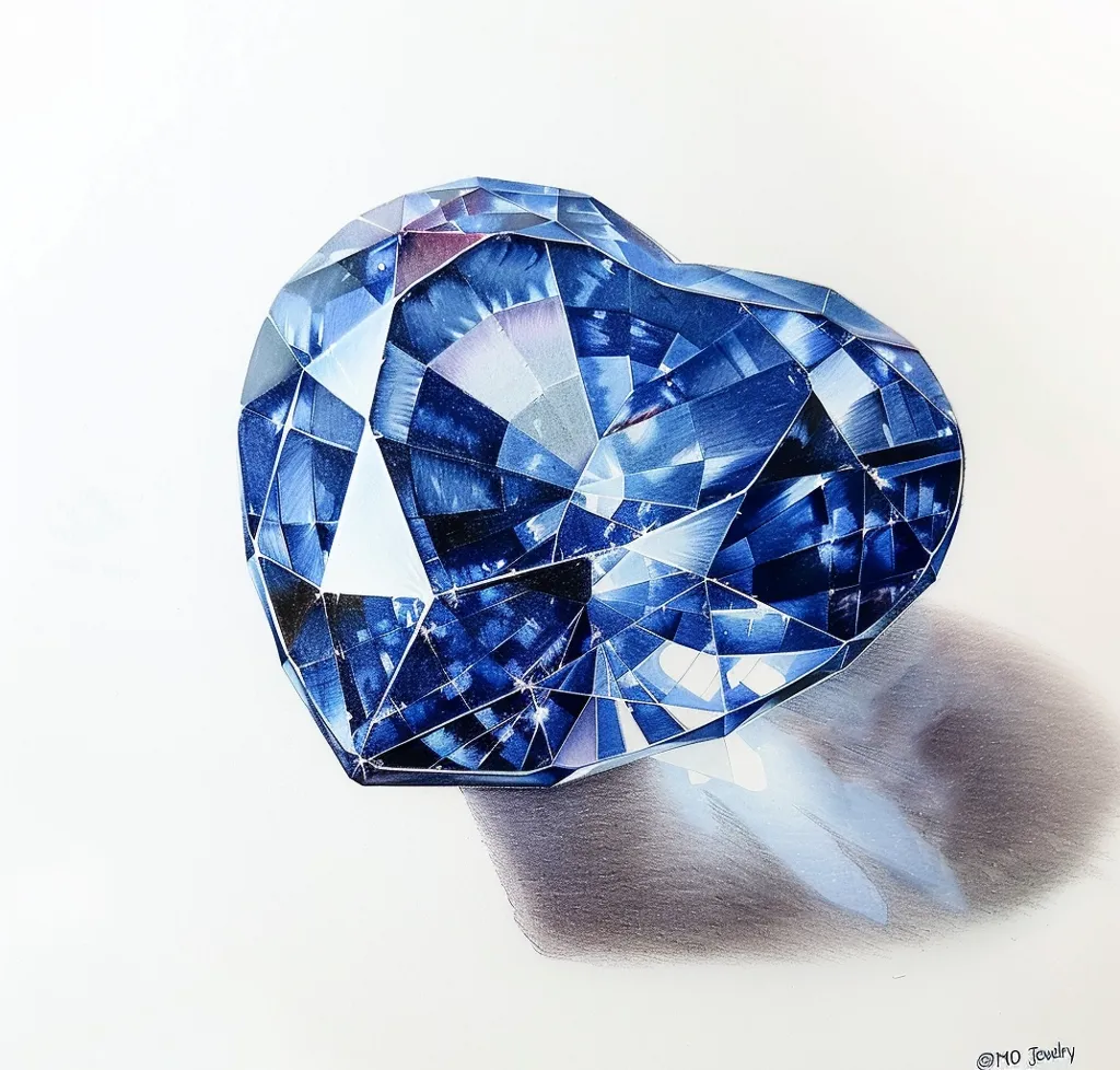 A large, heart-shaped sapphire gemstone is depicted in a realistic drawing. The gemstone is rendered in shades of blue with intricate facets, reflecting light and casting a shadow on the white background. The artist has captured the sparkle and depth of the sapphire with great detail.