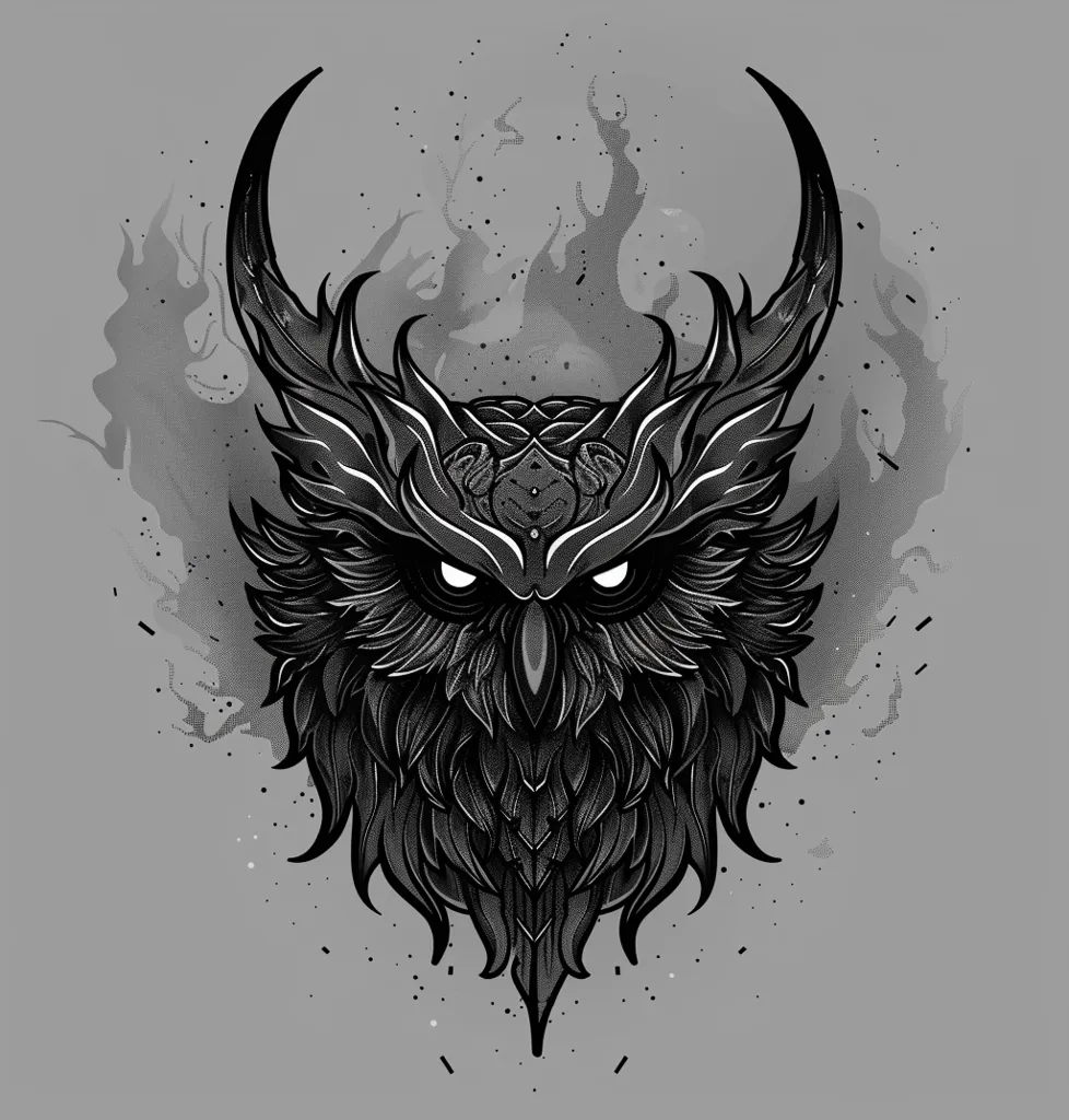 The image is a black and white illustration of an owl's head with intricate details. The owl is depicted with large, piercing eyes and a sharp beak. The background features a grey gradient with black splatters, suggesting a dark and mysterious atmosphere. The overall design is stylized and artistic, with a focus on the owl's predatory nature.