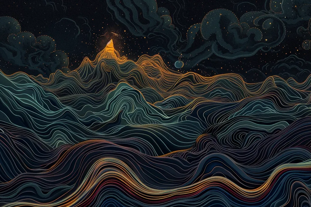 The image depicts a stylized landscape under a starry night sky. The foreground consists of rolling hills rendered in a series of overlapping, curved lines that create a sense of depth and texture. The hills are primarily dark blue and green, with hints of orange and red in the lower section. A single mountain peak stands out in the distance, illuminated by a bright, golden light. The sky is a deep, dark blue, dotted with countless stars.