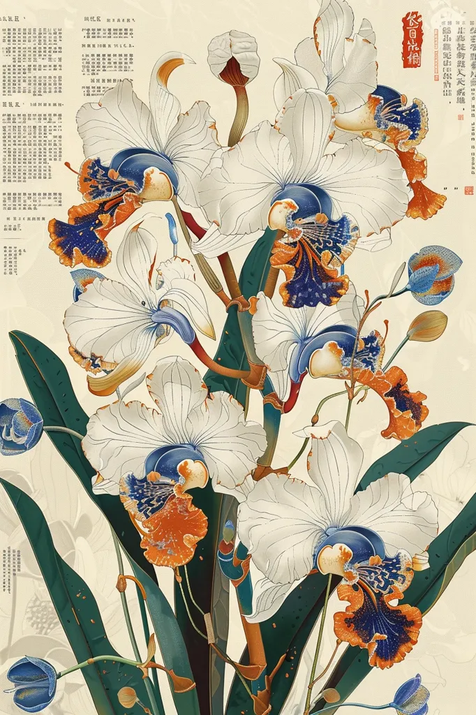 The image depicts a traditional Chinese painting of a bouquet of white orchids with blue and orange accents. The flowers are rendered in exquisite detail, with delicate lines and vibrant colors. The background is a soft, cream color, providing a subtle contrast to the floral display. The overall aesthetic is elegant and refined, reminiscent of classic Chinese art.  The inscription at the top right corner suggests the painting celebrates orchids.