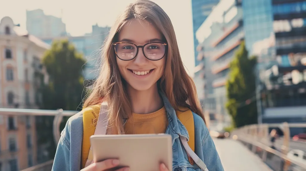 A young woman with long brown hair, wearing glasses and a blue denim jacket, smiles as she holds a tablet in front of her. She is standing in an urban setting with buildings and trees in the background. The sun is shining brightly, creating a warm and inviting atmosphere.  Her yellow shirt and the backpack on her shoulders suggest that she is on the move and ready for the day.