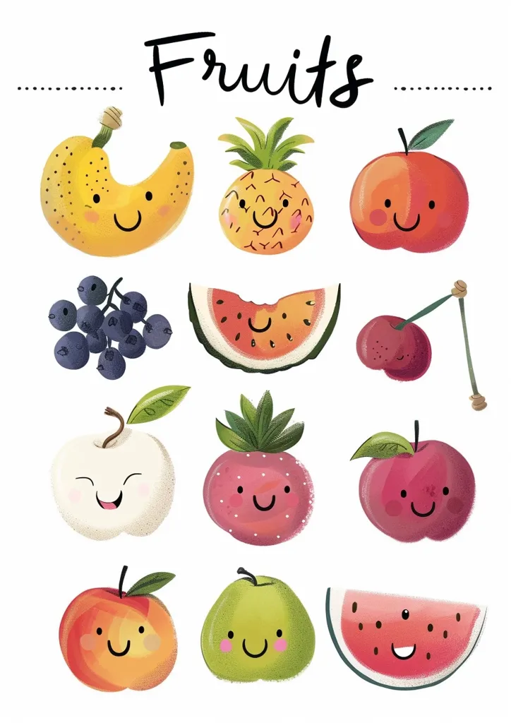 The image features a collection of 11 fruits, each with a happy smiley face. The fruits include a banana, pineapple, apple, cherry, watermelon, grapes, strawberries, and pears. They are arranged in a grid pattern on a white background with the word "Fruits" written at the top.  The image is cheerful and playful, with bright colors and whimsical faces.