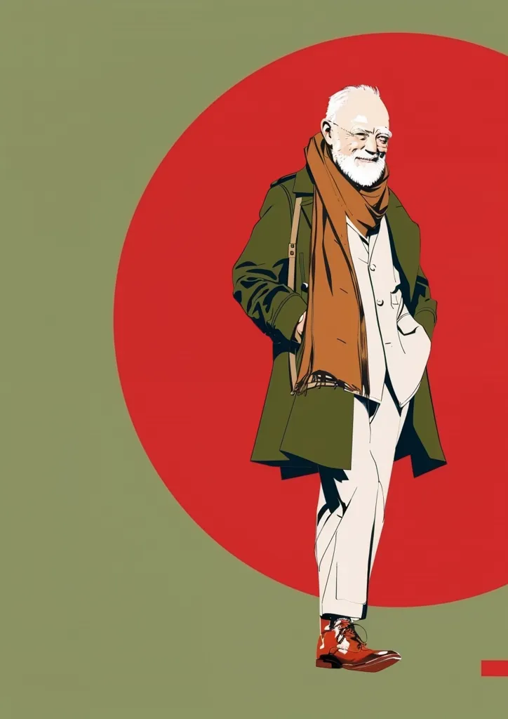 The illustration depicts an elderly man in a green coat and white pants. He is standing in front of a large, red circle with his right hand in his pocket. The man is wearing a brown scarf, and his hair and beard are white. He has a serious expression on his face.  The background is a muted green color.