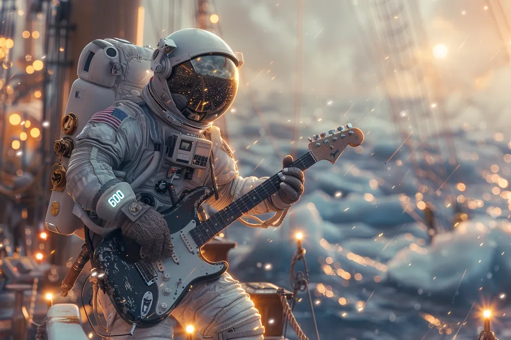 An astronaut in a white spacesuit plays an electric guitar. He stands on a platform with a backdrop of a blurry, blue and white, shimmering, water-like background. The astronaut wears a helmet that reflects a cityscape of flickering lights and there is a glowing number 600 on his arm.  The setting appears to be extraterrestrial.  The overall mood is one of quiet peace and introspection.