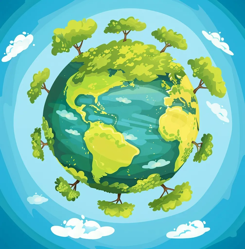 A cartoon illustration of Earth, depicted as a blue and green sphere with continents outlined in yellow. It's surrounded by a ring of lush, green trees, with white clouds floating in a bright blue sky. The image suggests a playful, whimsical take on the planet.