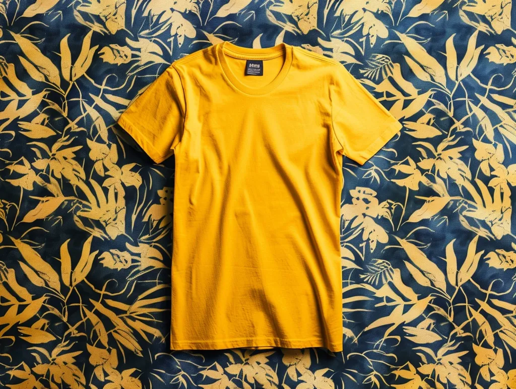A plain yellow t-shirt lays flat against a background of stylized, yellow floral patterns on a blue surface. The t-shirt has a crew neck and short sleeves and a small black tag on the left side of the chest.  The shirt is centered and covers most of the background.  The background pattern is slightly blurred.