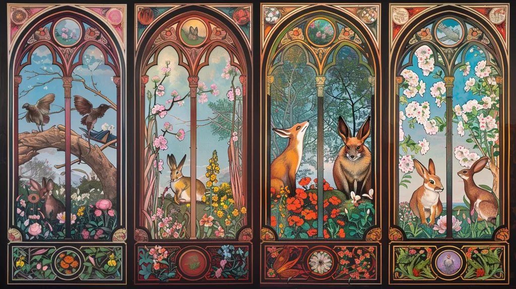 Four stained glass windows depict different scenes of nature. The first window shows birds on a branch with flowers blooming. The second window features a rabbit in a wooded area. The third window shows a fox and a rabbit in a field of flowers. The fourth window has two rabbits in a forest with blossoms. Each window is framed with ornate detailing.