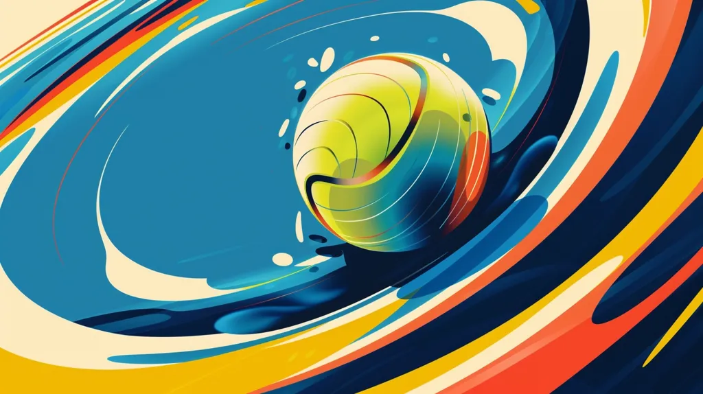 The image features a bright yellow and green ball, partially submerged in a swirling blue, yellow, and orange liquid. The liquid is depicted in abstract, flowing lines that create a dynamic and energetic composition. The colors are bold and vibrant, creating a sense of movement and energy. The image has a playful and abstract feel.