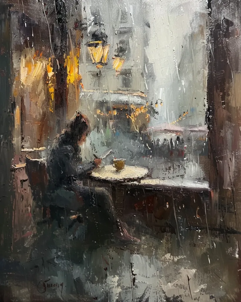 The painting shows a rainy street scene through a window. A lone figure sits in a cafe, their back to the viewer, enjoying a drink. The rain is pouring down, blurring the streetlights and creating a sense of solitude.  The overall tone is muted and melancholic, capturing the feeling of a quiet moment in a busy city.  The brushstrokes are loose and expressive, adding to the atmospheric quality of the painting.