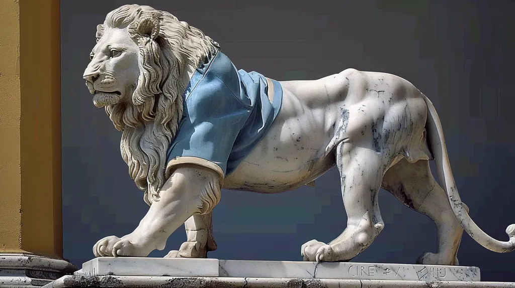 A marble statue of a lion, with a blue shirt on, stands on a pedestal. The lion is facing left, and its tail is curled around its back. The statue is intricately detailed, showing the muscles and fur of the animal. The lion is looking to the left, with a serious expression.  The background is a muted gray, making the white statue stand out.  The statue is set against a yellow pillar.  The lion's shirt is a playful addition to a traditional statue.