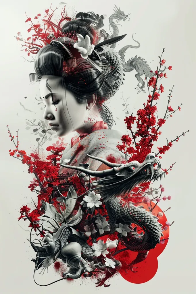 The image depicts a woman with a traditional Japanese hairstyle, surrounded by a vibrant array of red blossoms, black and gray dragons, and intricate details.  The woman's face is partially obscured, conveying a sense of mystery and longing.  The overall composition is a mix of delicate florals and powerful, mythical creatures, suggesting a blend of beauty, strength, and hidden depths.