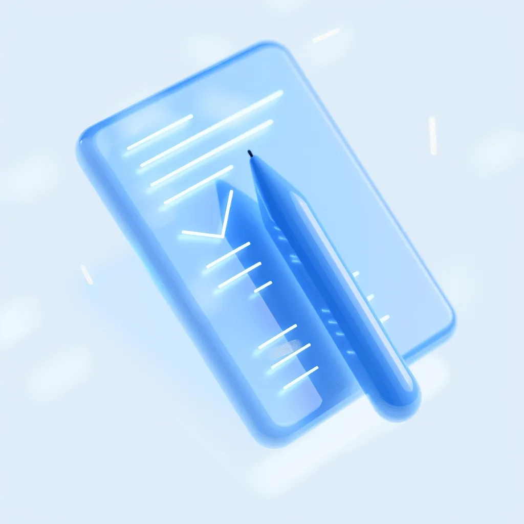 A blue, 3D rendering of a digital notepad with a glowing white checkmark and a stylus. It is set on a light blue background, with white light streaks. The image conveys a digital, technological approach to note-taking.