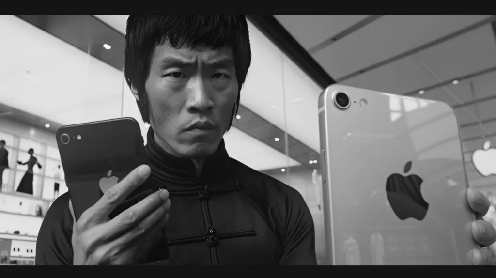 A man in a black shirt with a serious expression is holding a black iPhone in his right hand. In the background, a silver iPhone with an Apple logo is visible, held by someone else. The photo is black and white, emphasizing the man's intense focus. The image evokes a sense of power and technology.