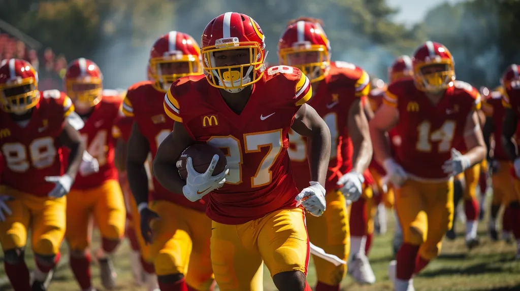 A group of American football players in red and gold uniforms run onto the field, one carrying the ball. They are all wearing helmets and have determined expressions on their faces. The focus is on the player carrying the ball, with the others slightly out of focus. The image captures the excitement and anticipation of a football game.