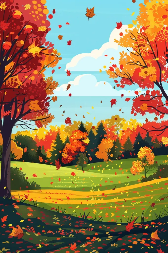 The image is a vibrant depiction of an autumnal forest. Two trees, one with fiery red leaves and the other with golden foliage, frame the scene. In the distance, a forest of various shades of green, yellow, and red creates a layered effect. The ground is covered in fallen leaves, creating a carpet of color.  A blue sky with fluffy white clouds peeks through the trees. The scene is filled with a sense of tranquility and beauty.